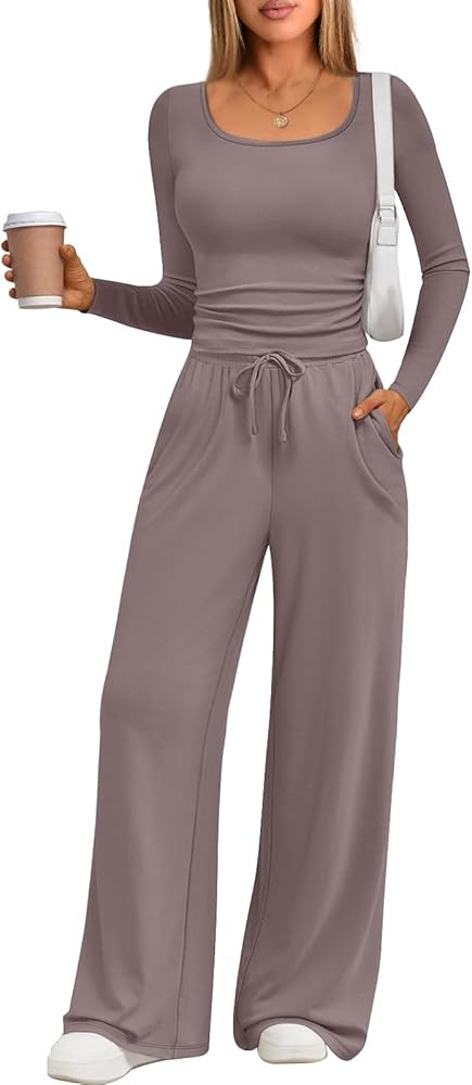 Trendy Queen 2 Piece Scoop Neck Lounge Set Womens Wide Leg Pants Side Ruching Slightly Crop Top S... | Amazon (US)