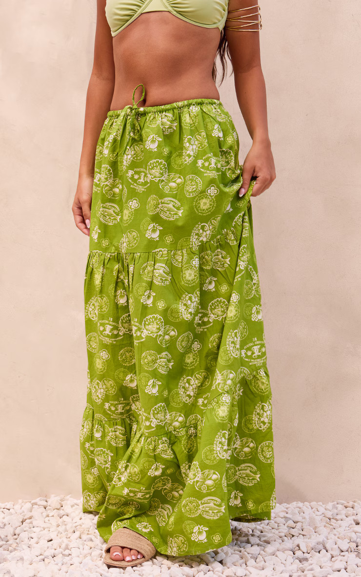 Green Printed Drawstring Waist Flowy Maxi Skirt | PrettyLittleThing UK