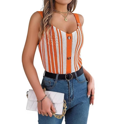 Women V Neck Contrasting Color Tops Button Knit Vest Hollow Out Spaghetti Strap Tank Top Orange S | Target