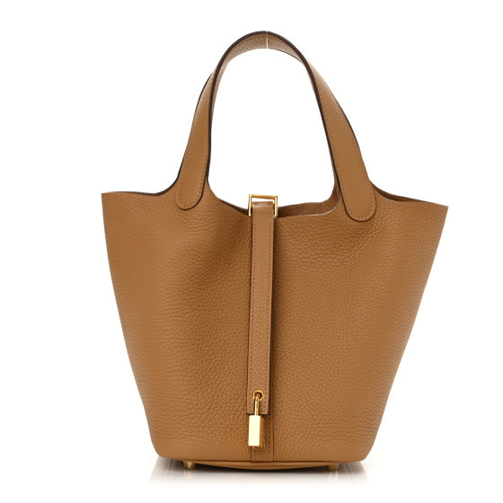 Taurillon Clemence Picotin Lock 18 PM Biscuit | FASHIONPHILE (US)