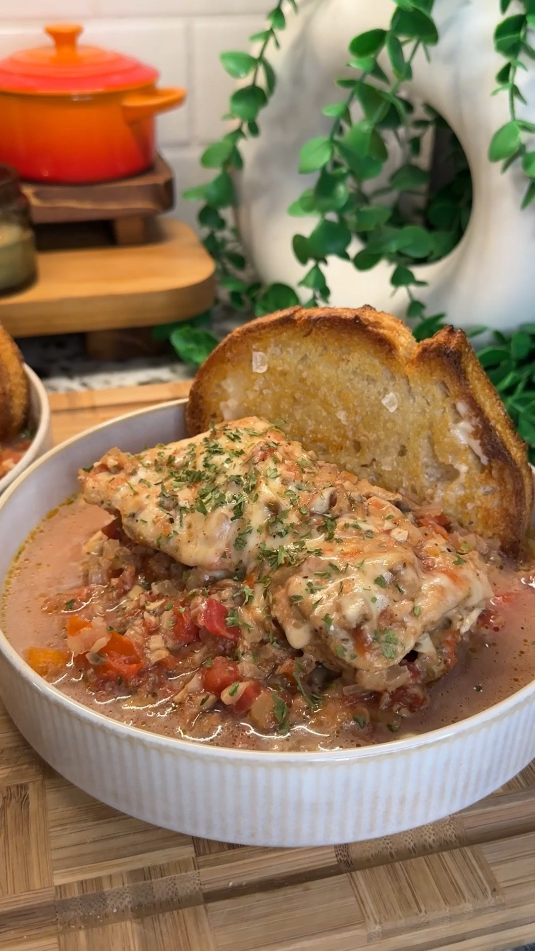 these mushroom & tomato baked chicken thighs come out so tender, juicy & packed full of flavor all made in one pan🍅🍄‍🟫🍗cheesy, saucy & perfect served with tons of fresh, crunchy buttered bread to soak up all the deliciousness!
#kitchenfavorites #cookingessentials #kitchenmusthaves #kitchendecor

the best for a weeknight meal or for a large crowd- one of our favorite easy dinners✨

Ingredients:
- 1 lb boneless, skinless chicken thighs (drizzle with oil & season generously with salt, pepper, onion powder, garlic powder, Italian seasoning)
- 16 oz baby bella mushrooms, chopped finely
- 22 oz diced tomatoes
- 1 yellow onion, diced finely
- 5 cloves garlic, minced
- 2/3 cup chicken broth
- 2 tsp Italian seasoning
- 1 tsp salt
- 1 tsp black pepper
*Bake at 375°F for 45 minutes covered, then for an additional 15 minutes uncovered

top with:
- 1 cup shredded mozzarella cheese
*Broil for 2 minutes until melted
- salt & pepper to taste
- parsley flakes

serve with toasted & buttered sliced French bread

#LTKSeasonal #LTKHome #LTKFamily