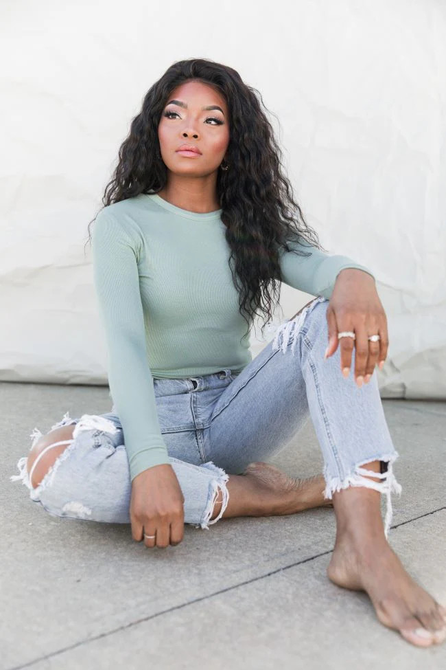 Make Your Choice Sage Ribbed Long Sleeve Tee | Pink Lily