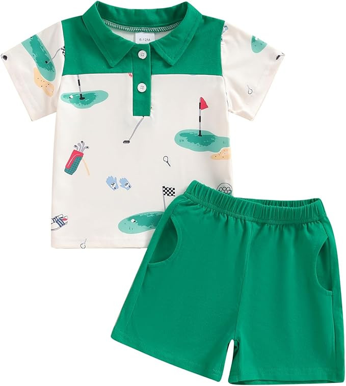 Toddler Baby Boy Summer Clothes Golf Cart Embroidery Lapel Tshirt Tops Golf Shorts Set Infant Swe... | Amazon (US)