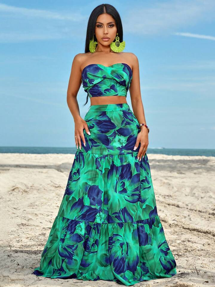 BamGleam Conjunto de top bandeau con fruncidos laterales y falda acampanada con abertura y volant... | SHEIN