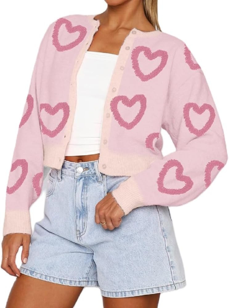 Women Valentine's Day Cardigan Sweater Love Heart Print Button Down Knit Sweater Cute Knitwear To... | Amazon (US)