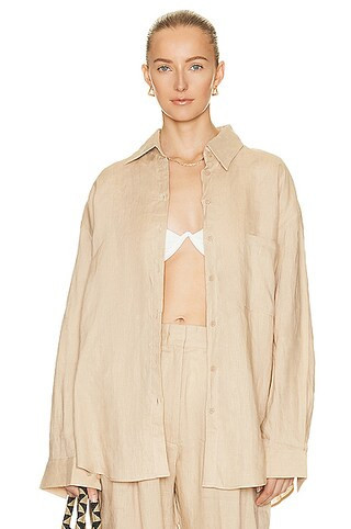AEXAE Linen Woven Shirt in Beige - Beige. Size S (also in ). | FWRD 