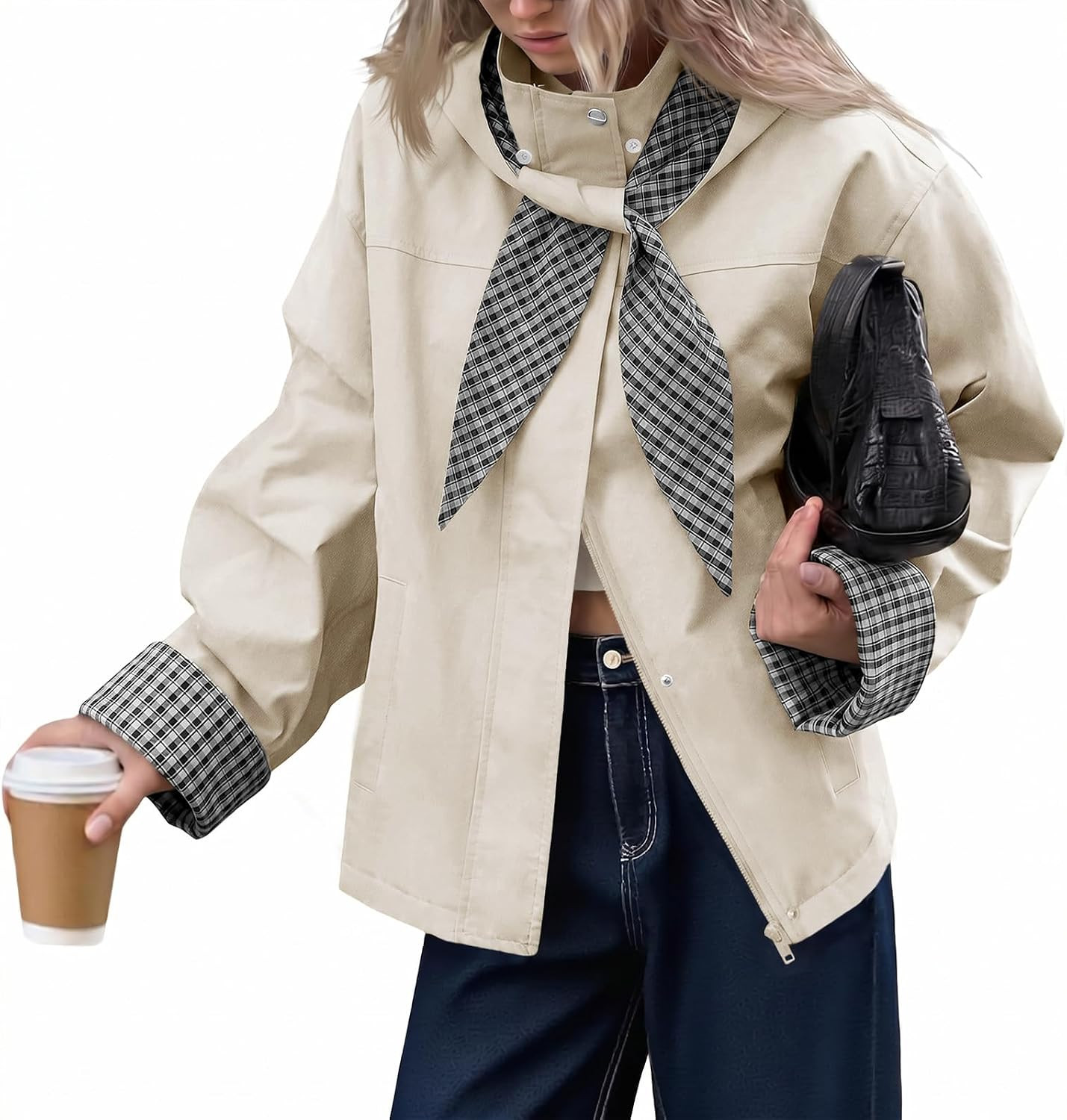 Tankaneo Womens Cropped Trench Coats Fall Jacket with Plaid Detachable Hood | Amazon (US)