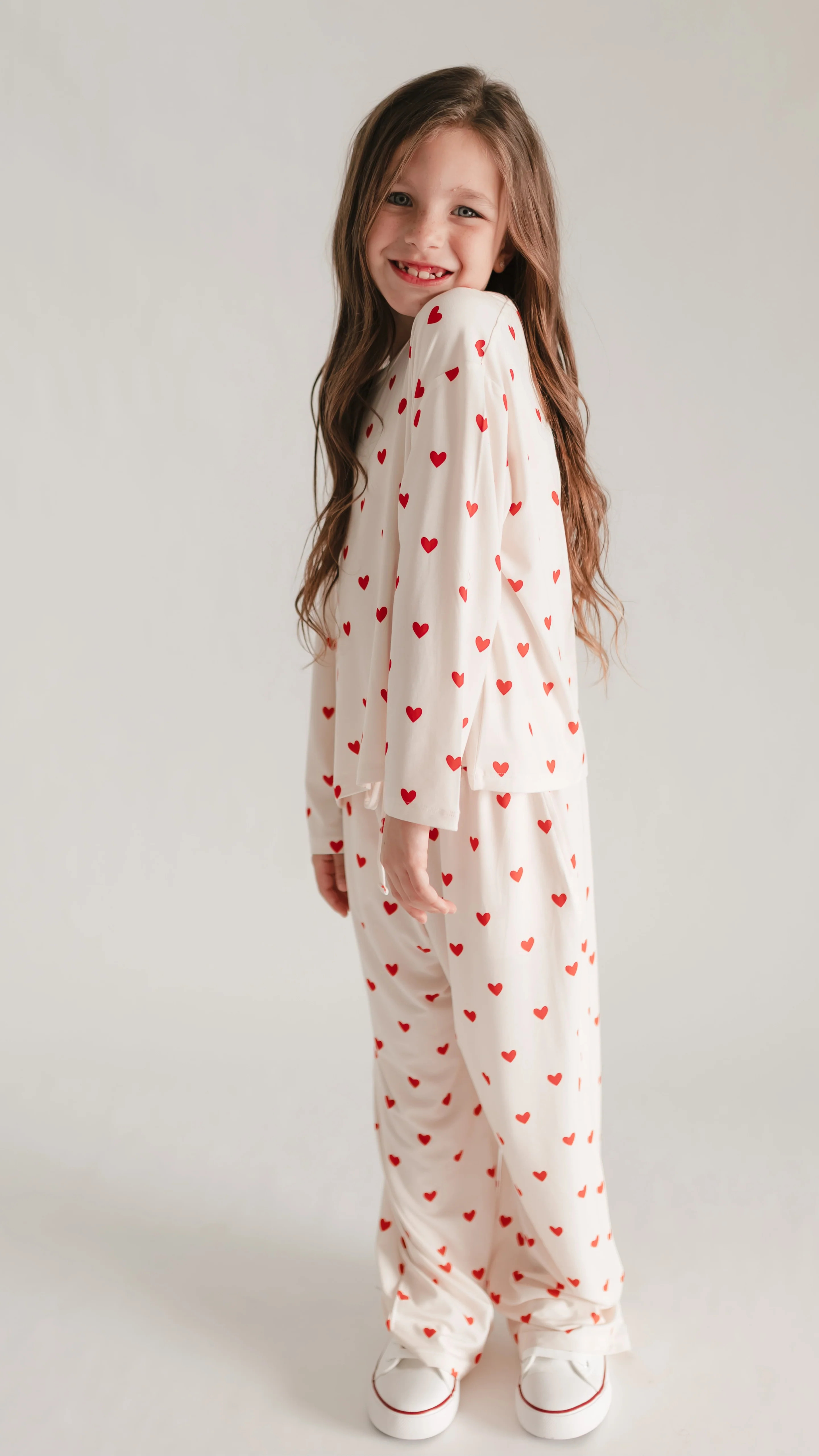 Girls Long Sleeve and Pants Set in Cream Valentine Hearts | Silks Design