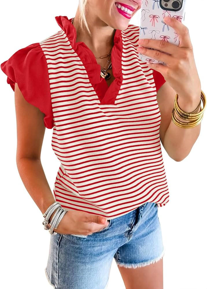 Tankaneo Womens Ruffle Cap Sleeve Tank Tops Cute Summer Striped Shirts Puff Sleeve Pleated V Neck... | Amazon (US)