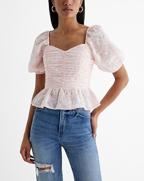 Striped Floral Puff Sleeve Ruched Peplum Top | Express