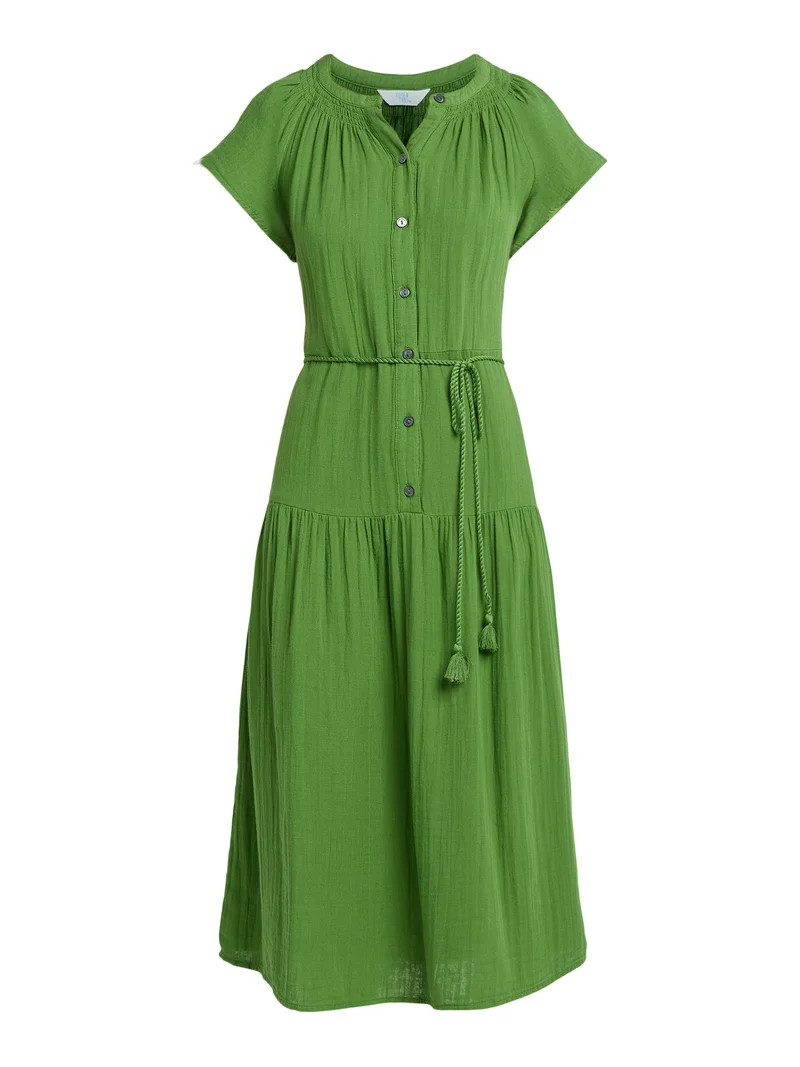 Time and Tru Women's Double Cloth Cotton Midi Dress, Sizes XS-XXXL | Walmart (US)