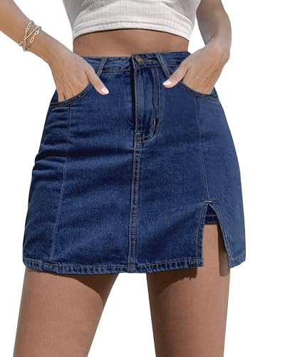 luvamia Trendy Stretchy Skorts for Women Denim Mini Skirt Side Slit High Waisted Jean Shorts Stretchy Darkness Blue X-Large Size 16-18 | Amazon (US)