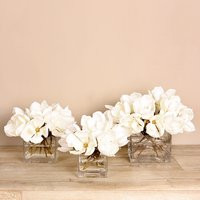 White Silk Faux Magnolia Flower Arrangement in A Square Glass Vase, Fake Wedding Reception Table Dec | Etsy (US)