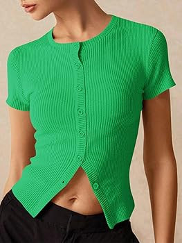 Imily Bela Womens Short Sleeve Sweater Tops Summer Button Down Casual Ribbed Knit Slim Fit Croppe... | Amazon (US)