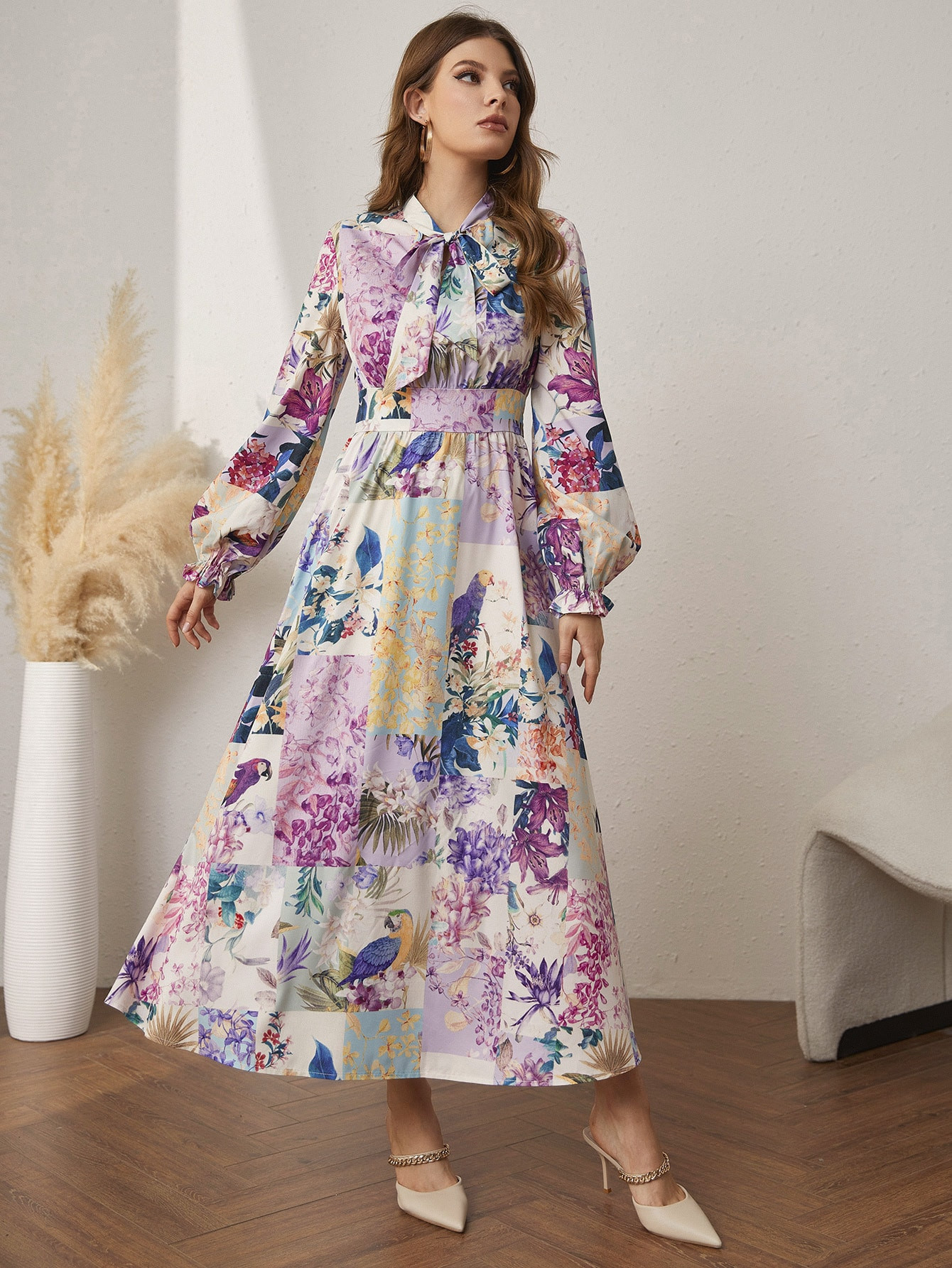 Patchwork & Floral Print Flounce Sleeve Tie Neck Dress | SHEIN