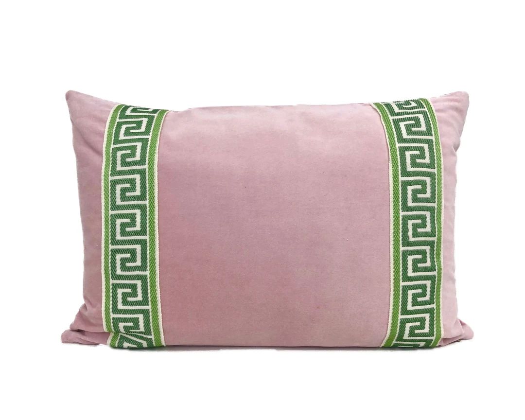 Pink Pillow Cover Light Pink Velvet Lumbar Pillow With Greek Key Trim - Etsy | Etsy (US)