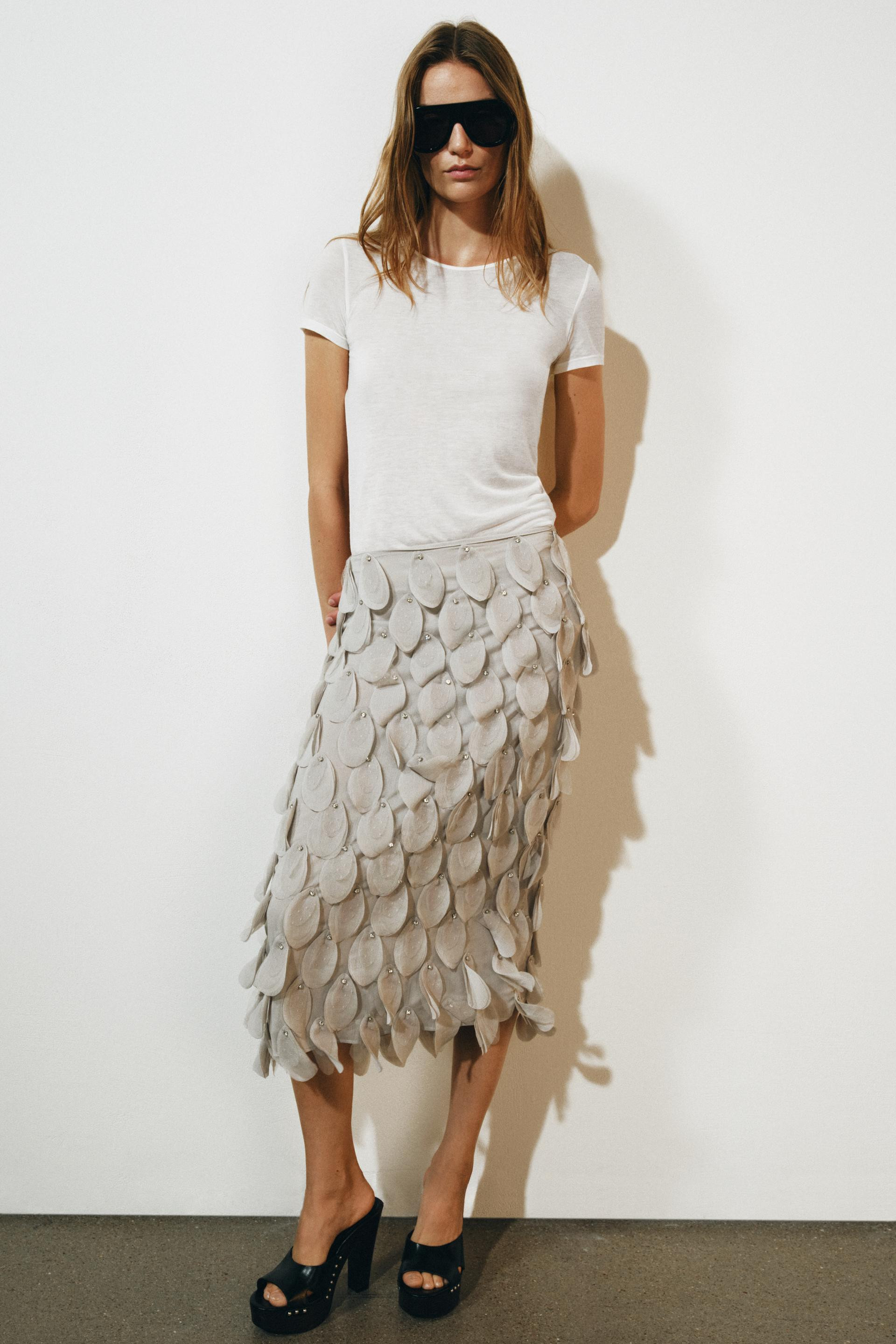 Zara - Zw Collection Beaded Midi Skirt - Light Gray - L - Woman | Zara US