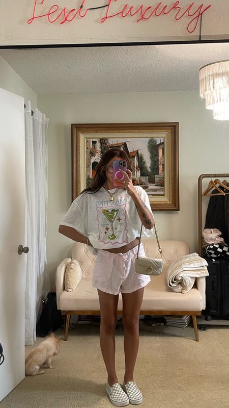 Graphic tee & linen shorts outfit 🍋‍🟩💓☁️ got a medium in shorts (sized up once!) top is oversized but I believe I got a medium (sized up once)