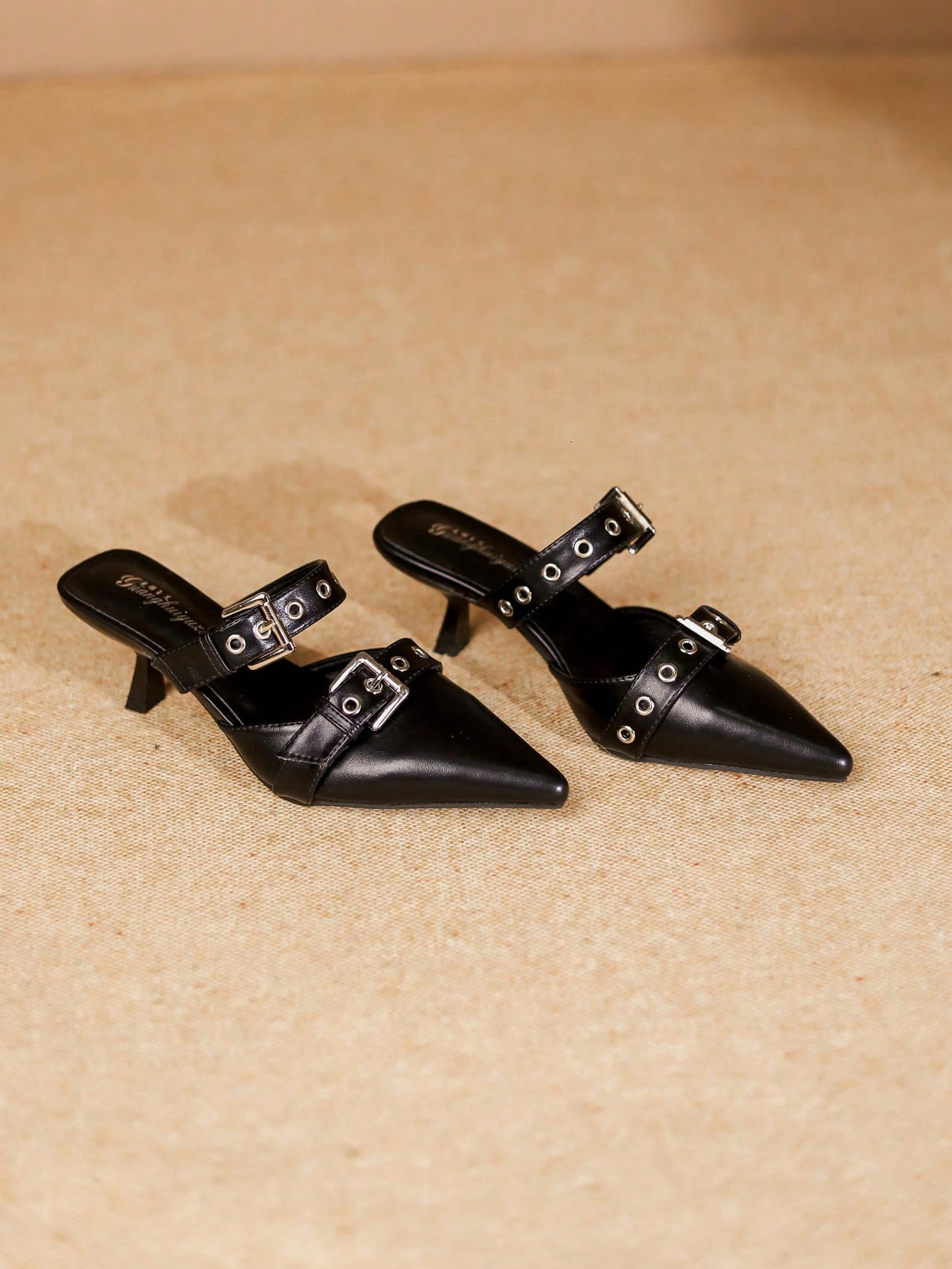 French Style Stiletto Heel Black Shoes, European And American Metal Buckle Eye, Double Strap Buck... | SHEIN