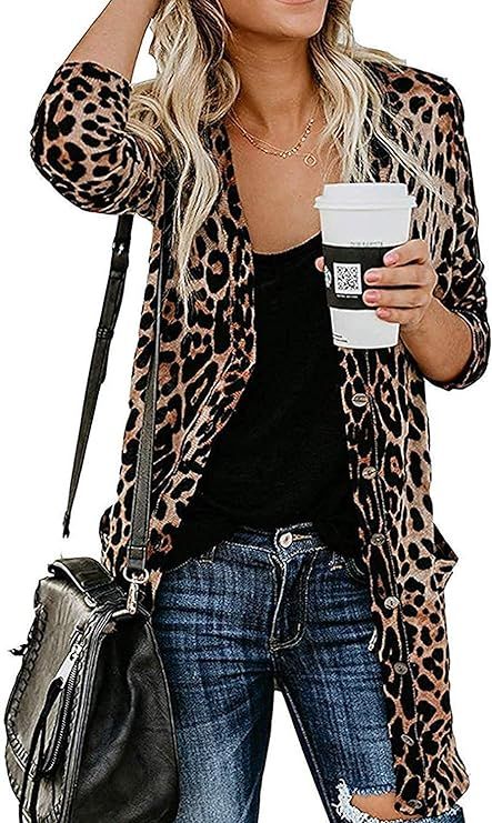 Women's Leopard Printed Cardigans Shirt Lightweight Button Down Cardigans Coat W Pockets(S-2XL) | Amazon (US)