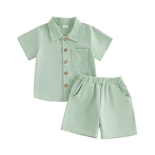 SHUING Toddler Baby Boy Outfit Lapel Collar Button up Short Sleeve Shirt Tops Solid Color Shorts Set Gentleman Clothes Summer (Green, 12-18 Months) | Amazon (US)