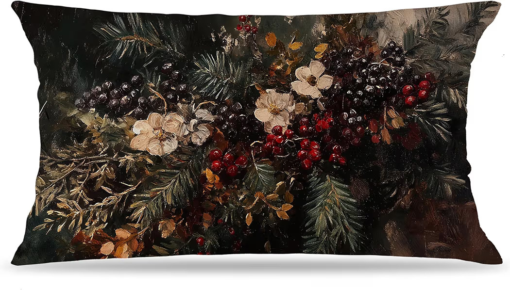 Vintage Moody Floral Christmas Pillow Covers 20x12 Double-Sided, Cottagecore Christmas Decor, Dar... | Amazon (US)