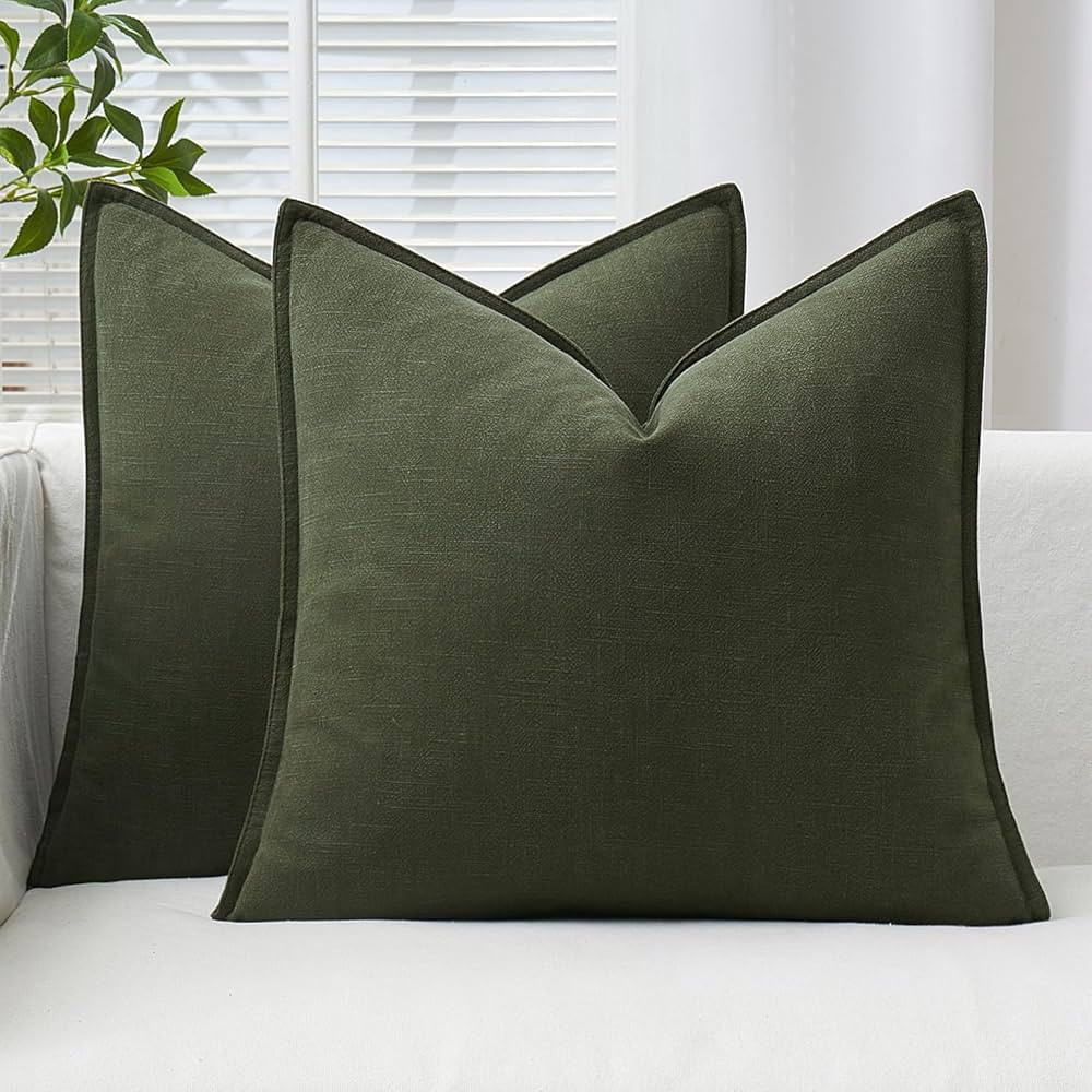 Woaboy Pack of 2 Dark Olive Green Pillow Covers 24x24 Inch Decorative Linen Solid Throw Pillow Co... | Amazon (US)