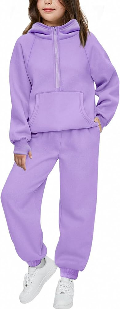 Arshiner Girls 2 Piece Outfits Tracksuit Drop Shoulder Hoodie Half Zip Sweatshirt and Sweatpants ... | Amazon (US)