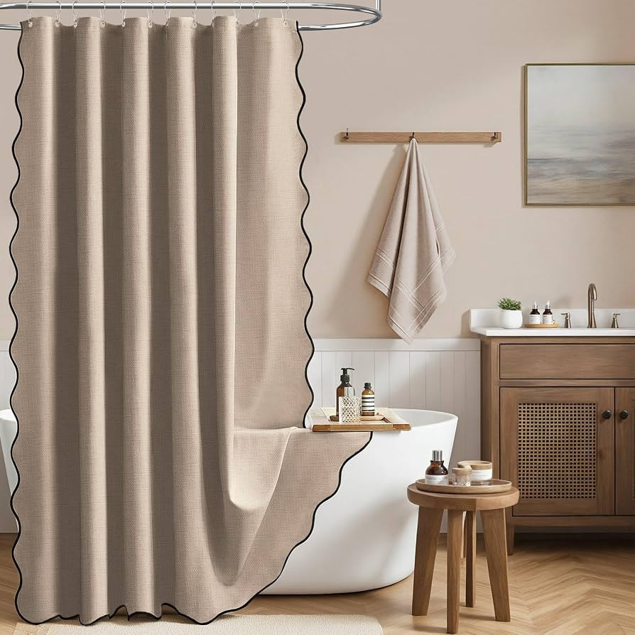 BTTN Boho Scalloped Linen Textured Cloth Shower Curtain, 72x84, Tan/Taupe | Tall Size, 230GSM Wat... | Amazon (US)