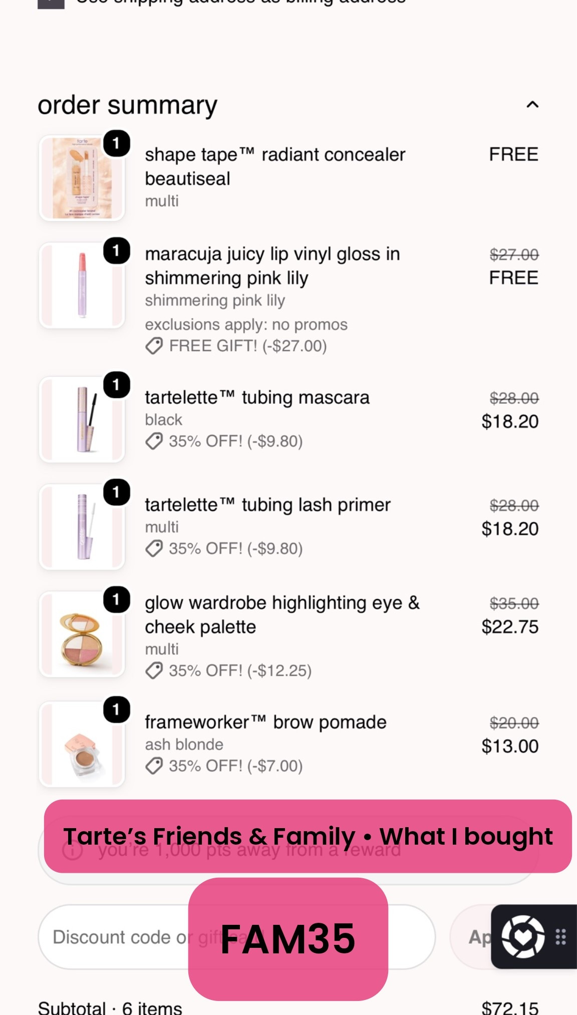 @Tarte friends and family sale!  35% savings adds up!  Use code FAM35

#LTKSaleAlert #LTKOver40
