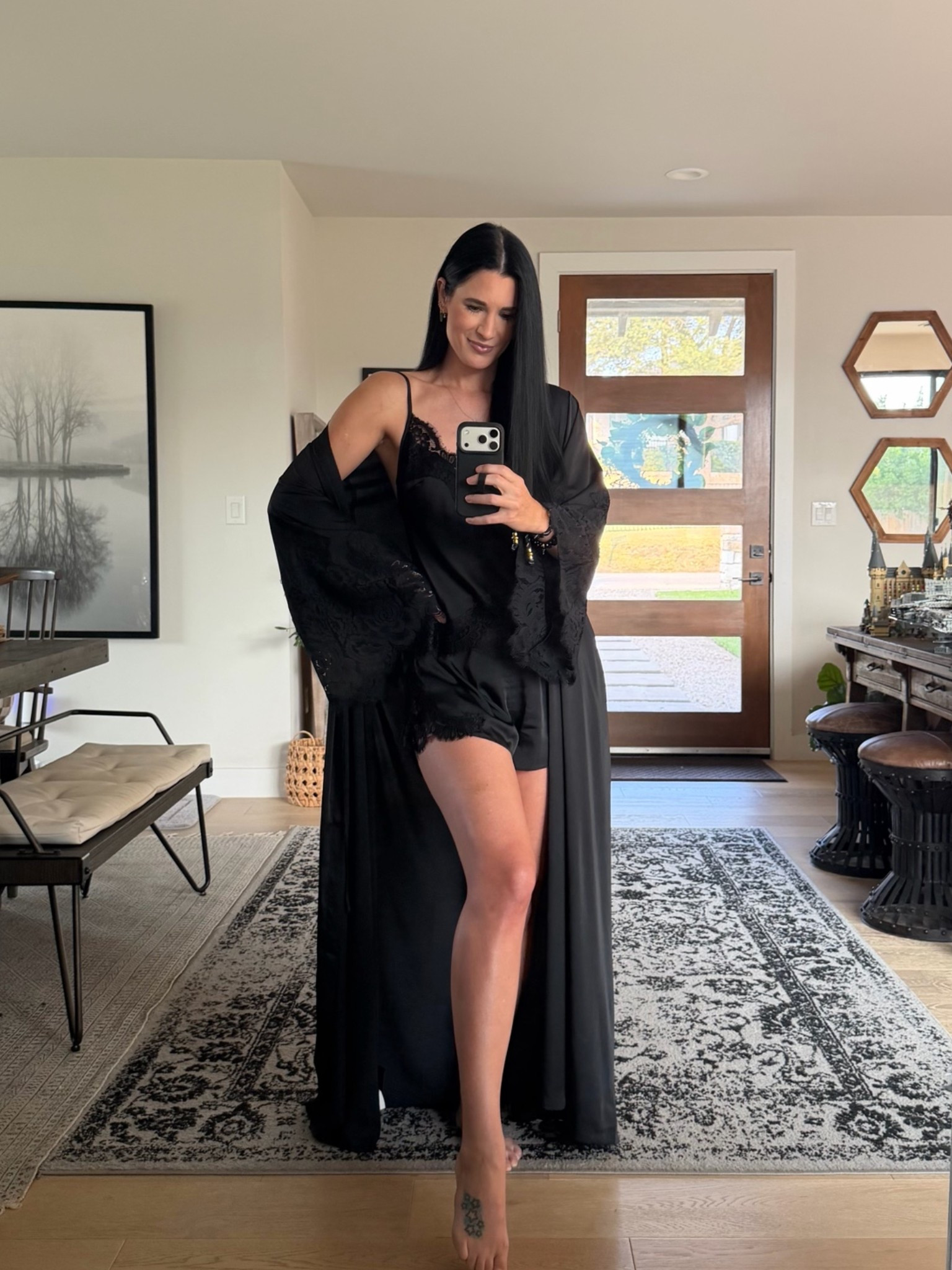 This satin lace top and short pajama set is so comfy and stunning. Their robes are also absolutely gorgeous. Im in the size small.
