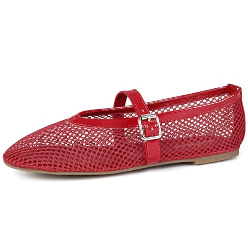 MaxMuxun Women's Flats Mesh Ballet Flats Round Toe Buckle Strap Comfortable Causal Dress Flats Shoes Red Size 10 | Amazon (US)