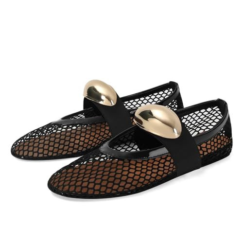 MICIFA Women's Mesh Ballet Flats Ballerina Fishnet Flats Buckle Mary Jane Causal Daily Dress Shoes BlackGold | Amazon (US)