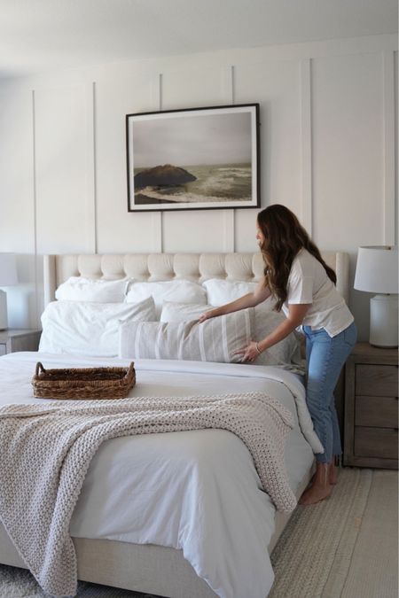 Neutral bedding inspiration. 

Tufted bed frame, art work, knitted throw blanket, white bedding, neutral bedding, duvet,

#LTKStyleTip #LTKHome