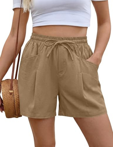 AKEWEI Womens Khaki Shorts 2026 Summer Travel Wide Leg Linen Pants Cotton Elastic Waist Shorts with Adjustable Drawstring XL | Amazon (US)