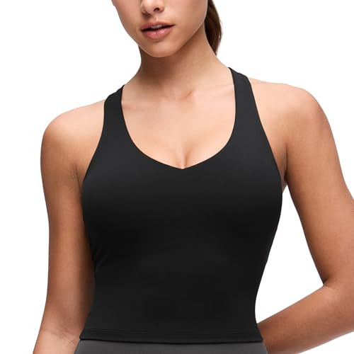 CRZ YOGA Butterluxe V Neck Crop Tank Tops for Women - Racerback Padded Yoga Longline Sports Bra Black Medium | Amazon (US)