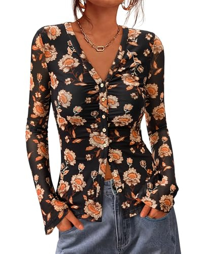 BTFBM Button Down Shirts for Women Fall Fashion 2025 V Neck Long Sleeve Blouse Ruched Mesh Fitted... | Amazon (US)