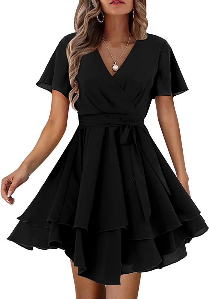 Amoretu Womens Casual Long/Short Sleeve Wrap V-Neck Ruffle Mini Dresses | Amazon (US)