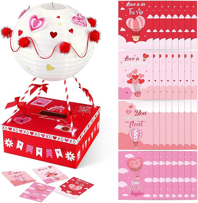 Valentines Day Boxes DIY Mailbox with 32 Hot Air Balloon Greeting Cards Valentine's Day Table Box... | Amazon (US)