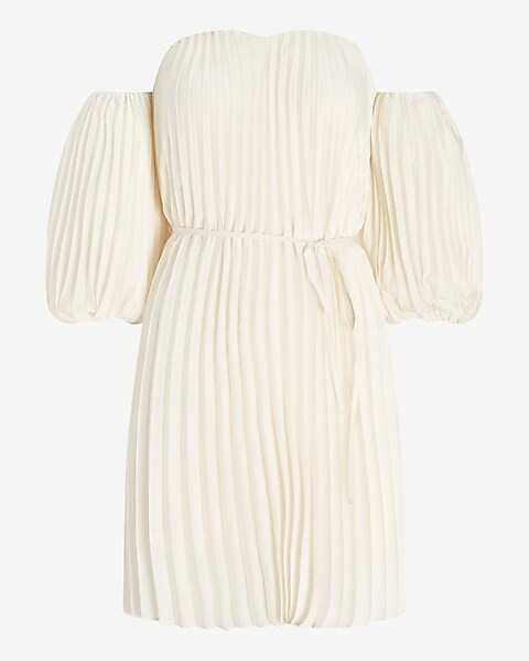 Pleated Belted Off The Shoulder Trapeze Dress | Express