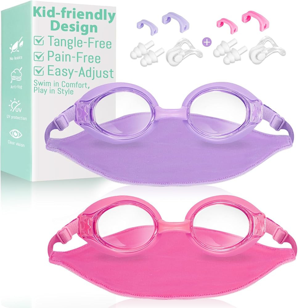 Pixel Panda 2 Pack Kids Swim Goggles with Fabric Strap for 3-14 Anti-Fog Anti-UV, No Leak No Hair Pulling Swimming Goggles | Amazon (US)