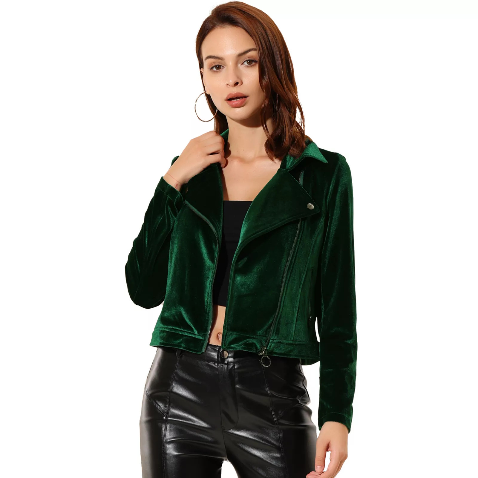 Women's Velvet Notched Lapel Zipper Cropped Motorcycle Jacket | Kohl's
