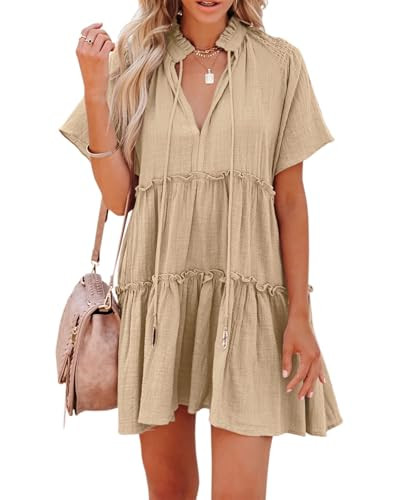 Womens Split V Neck Drawstring Neck Tie Ruffle Tiered Dress Short Sleeve Babydoll Tunic Swing Mini Dresses Sundresses Khaki | Amazon (US)