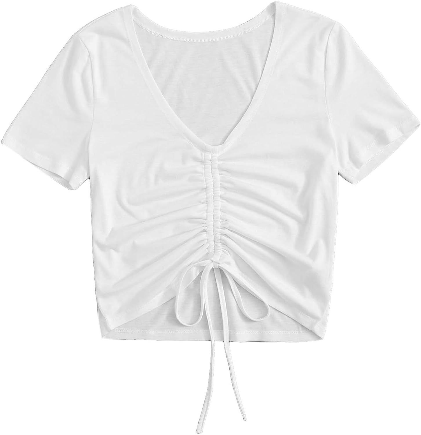 SheIn Women's V Neck Short Sleeve Drawstring Front Solid Crop Tops | Amazon (US)