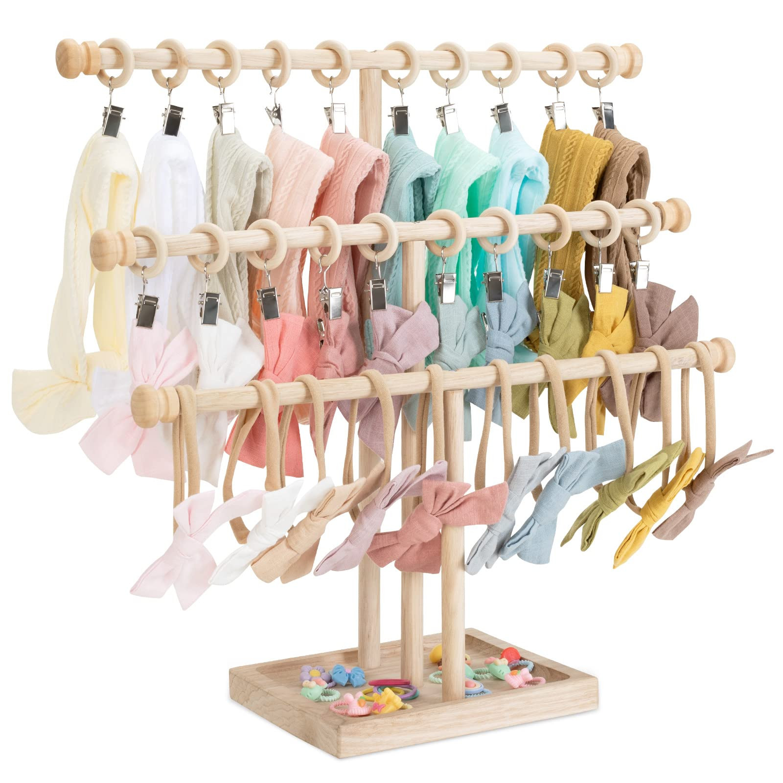 POVETIRE Headband Holder Stand Storage for Baby, 3 Tier Wooden Bow Organizer for Girls Hair Bows, Infant Hair Accessories Rack Display for Nursery Decor | Amazon (US)