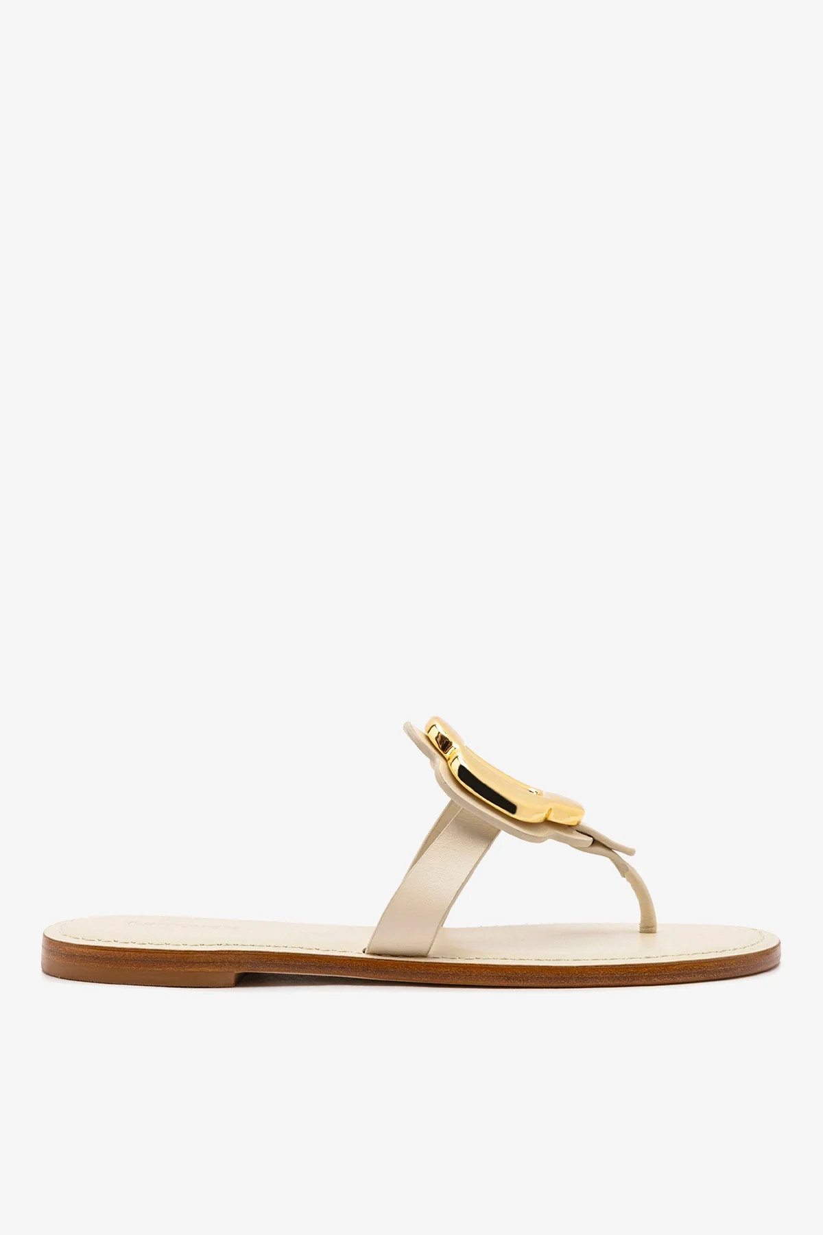 Margherita Thong Sandal in Ivory Leather and Gold Hardware | Larroude