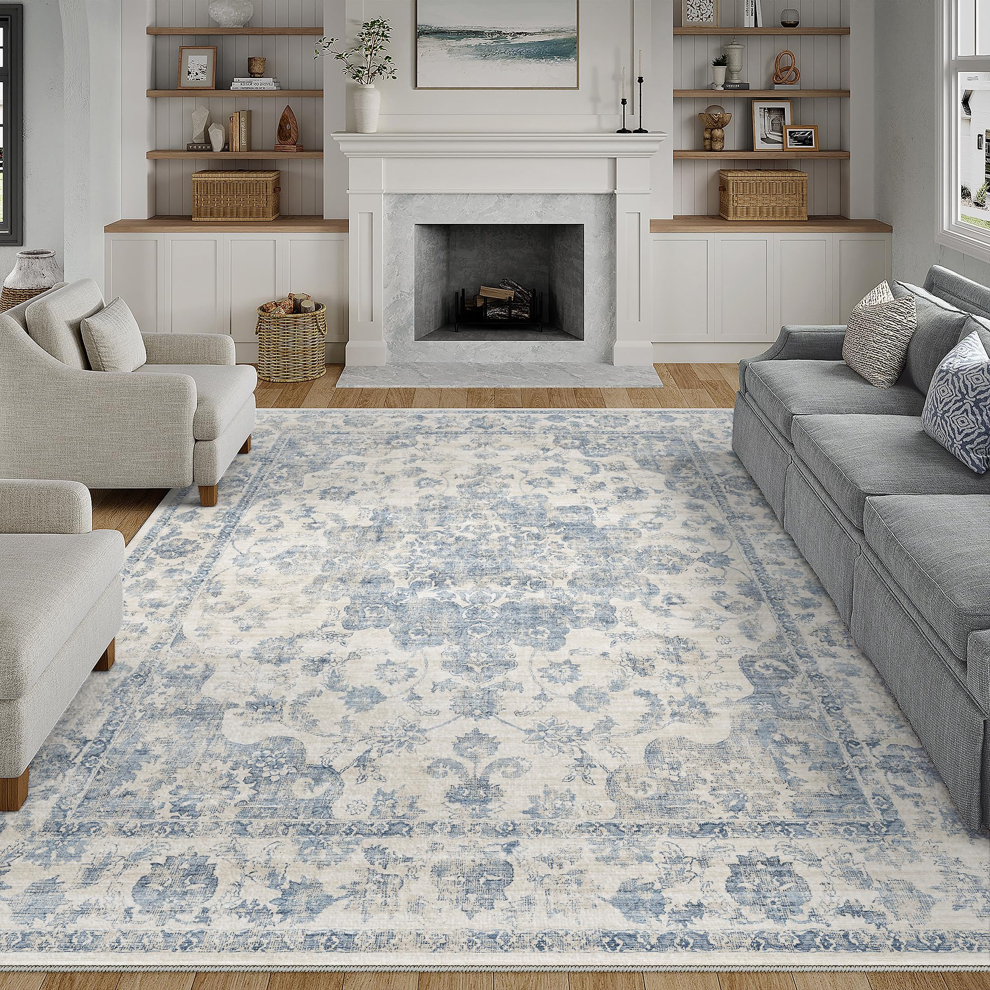 8x10 Washable Neutral Area Rug Blue Vintage Living Room Bedroom Carpet Non-Slip Soft Low Pile Flo... | Amazon (US)