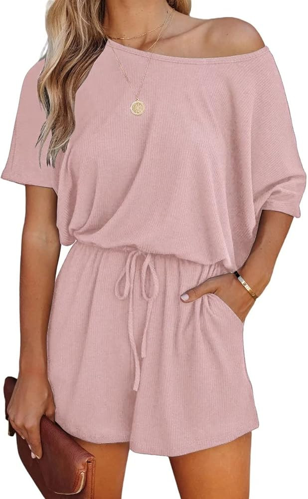 Lacozy Women Jumpsuits One Piece Rompers Summer Boat Neck Off Shoulder Short Sleeve Jumpsuit with Po | Amazon (US)