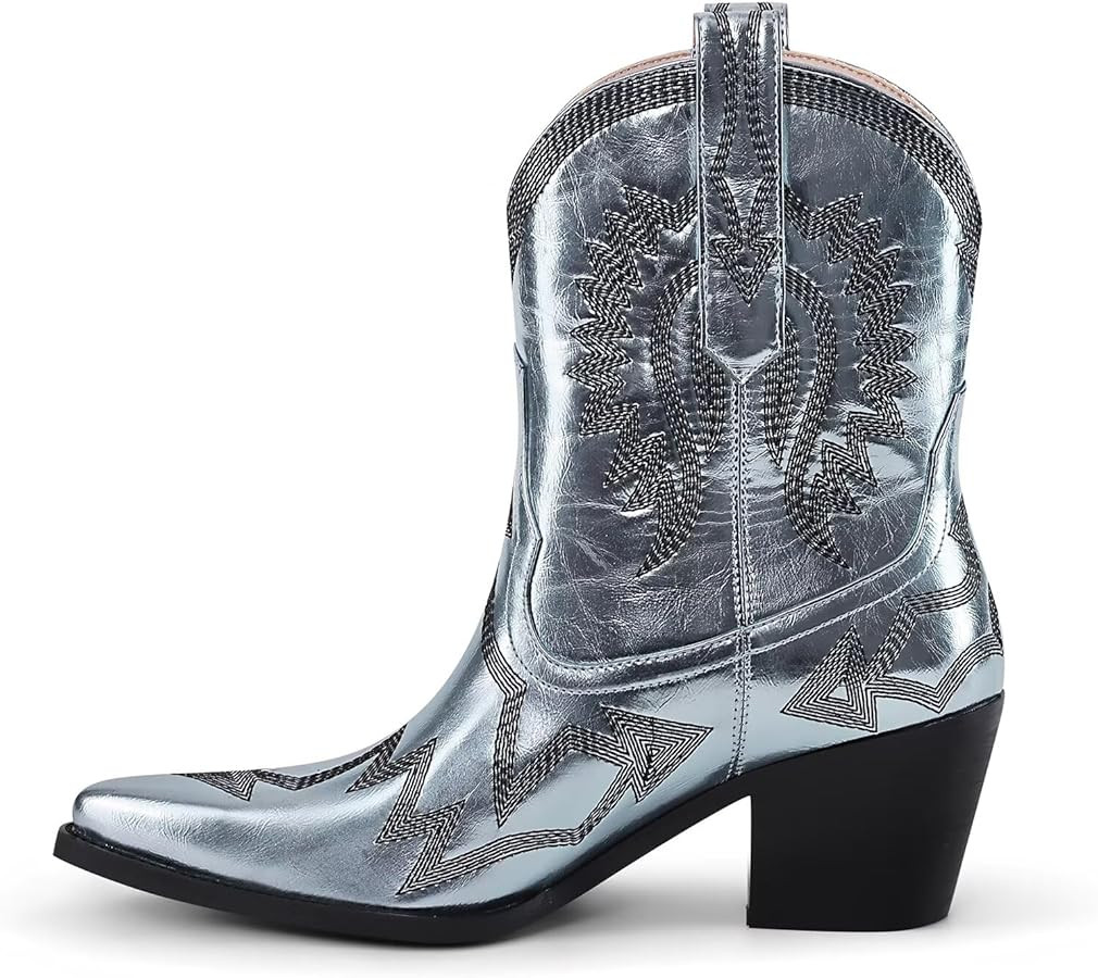 Metallic Embroidered Cowgirl Boots For Women Pointed Toe Western Boots Chunky Heel Pull On Short ... | Amazon (US)