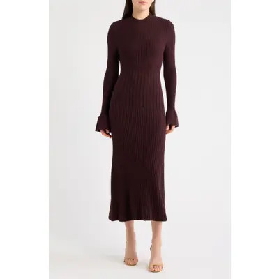 Eliza J Mock Neck Rib Midi Dress in Brown at Nordstrom, Size Large | Nordstrom